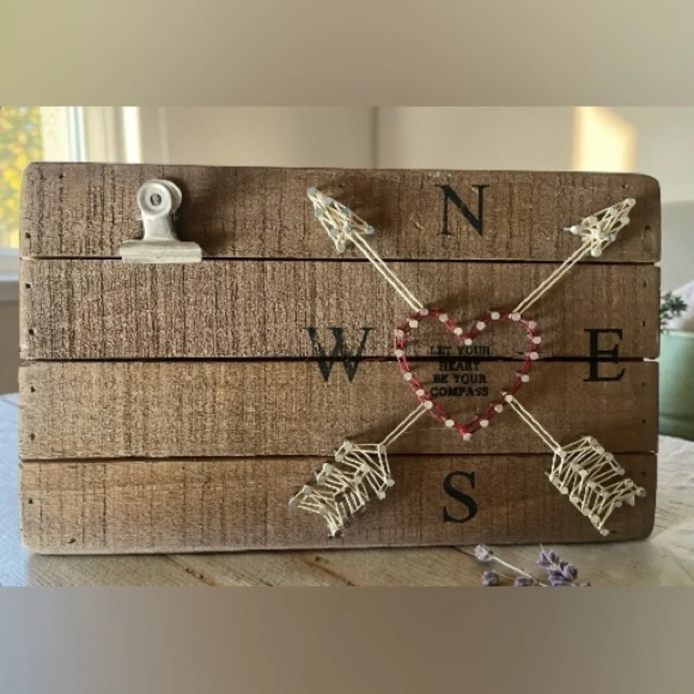 Rustic Wooden Compass Heart Wall Decor - Red and Natural